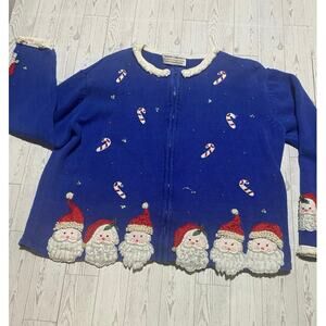 Heirloom Collectibles Christmas Sweater Santa Faces Blue Zip Cardigan L